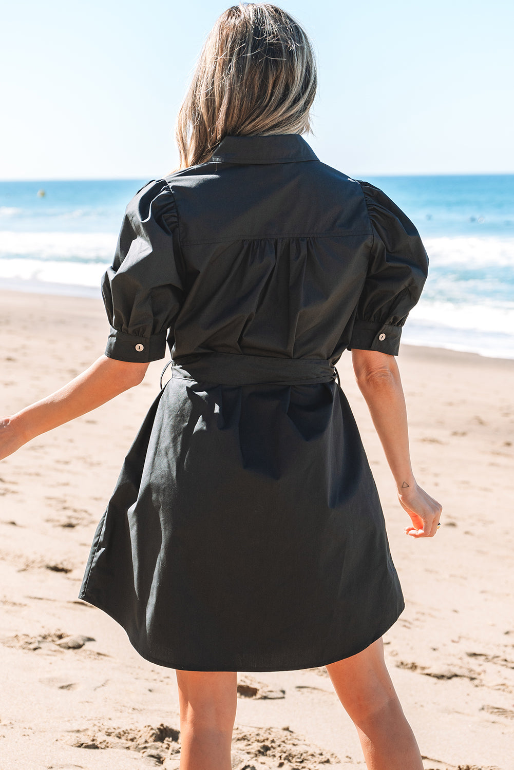 Black Button Up Tie Waist Puff Sleeve Mini Dress-Chaelisa's New Jammies