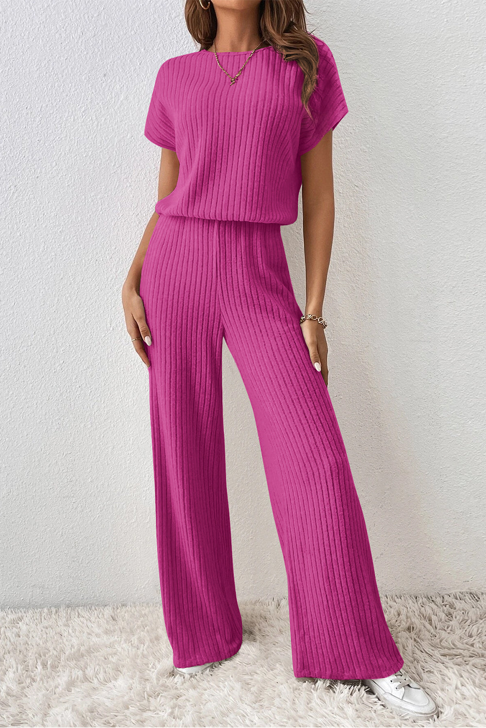 Rose Red Solid Color Ribbed Short Sleeve Wide Leg Jumpsuit-Chaelisa's New Jammies