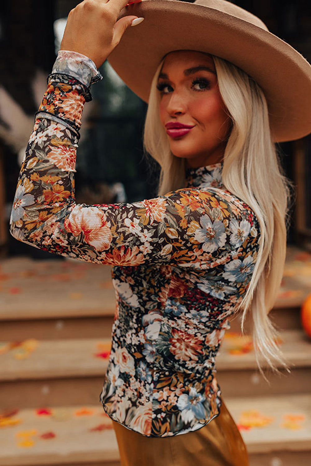 Brown Floral Long Sleeve High Neck Sheath Mesh Blouse-Chaelisa's New Jammies