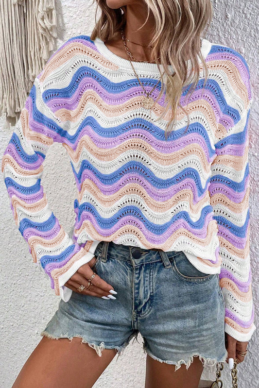 Purple Stripe Wavy Pointelle Knit Drop Shoulder Sweater-Chaelisa's New Jammies