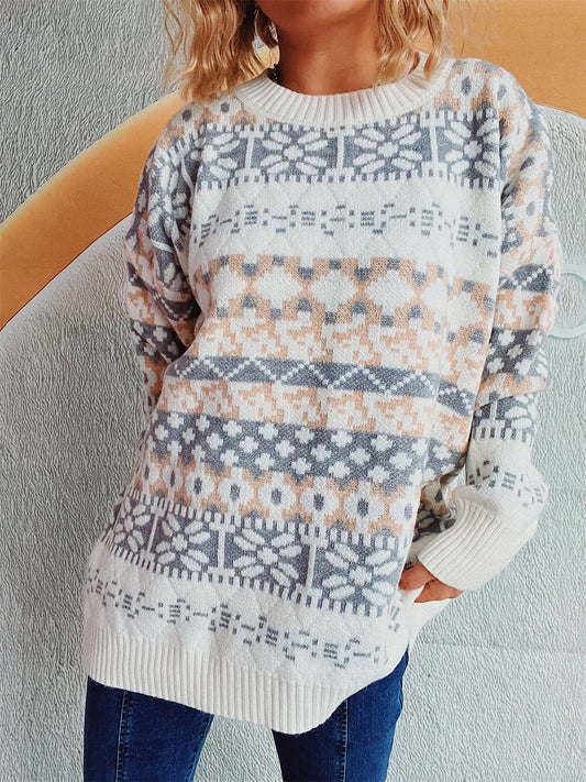 Geometric Round Neck Dropped Shoulder Sweater-Chaelisa's New Jammies