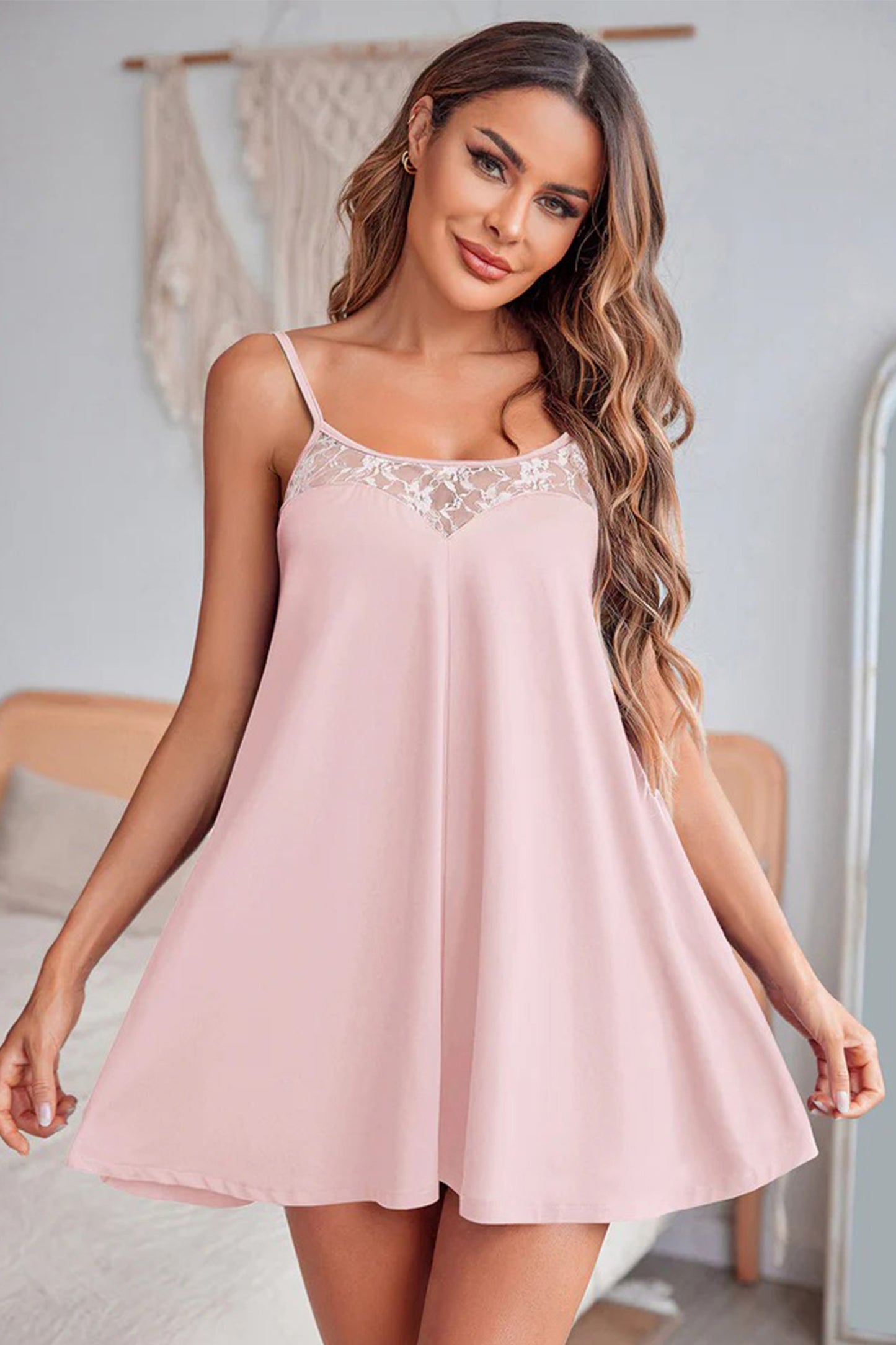 Light Pink Sheer Lace Patchwork Camisole Nightgown Dress