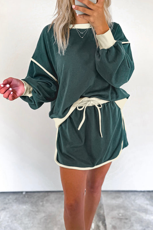 Evergreen Color Contrast Loose Pullover and Lace-up Waist Skort Set-Chaelisa's New Jammies