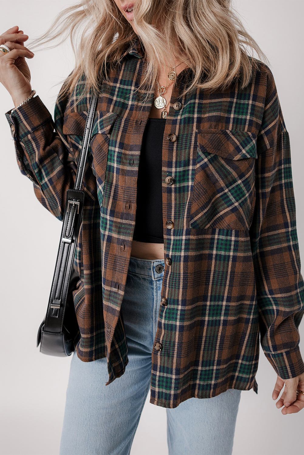 Brown Plaid Print Chest Pockets Buttoned Shirt Jacket-Chaelisa's New Jammies