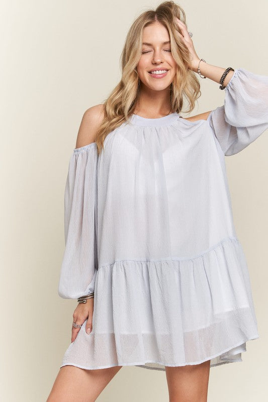 ADORA Cold Shoulder Balloon Sleeve Mini Dress-Chaelisa's New Jammies