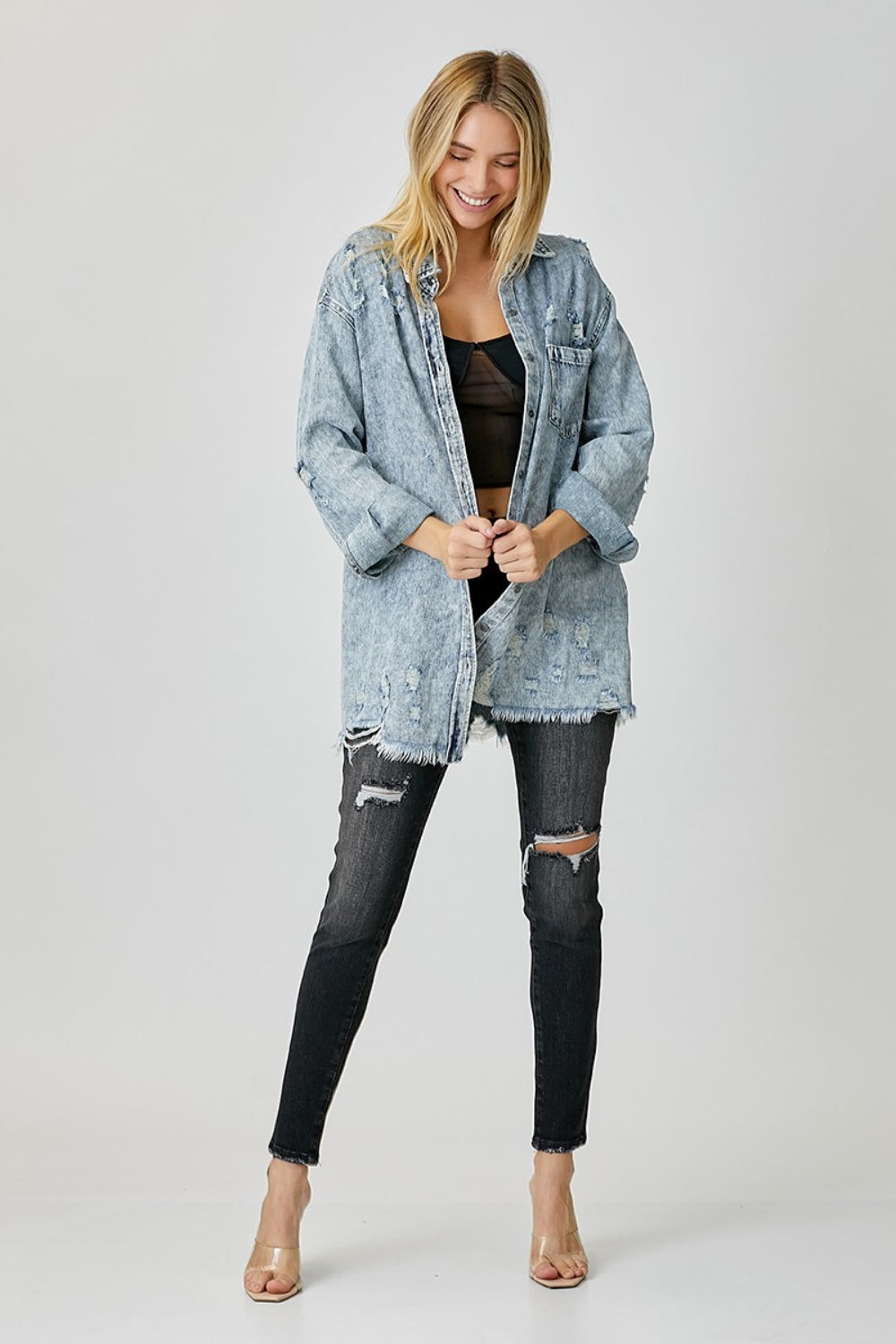 RISEN Distressed Raw Hem Denim Shirt-Chaelisa's New Jammies