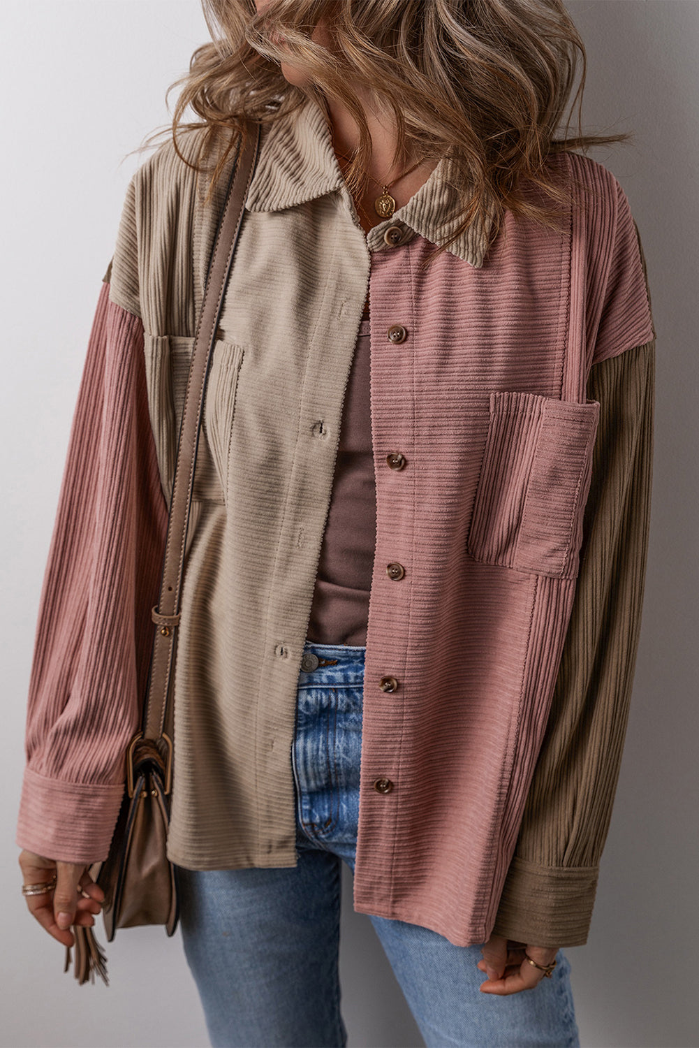 Mineral Red Color Block Chest Pockets Buttoned Corduroy Shacket-Chaelisa's New Jammies