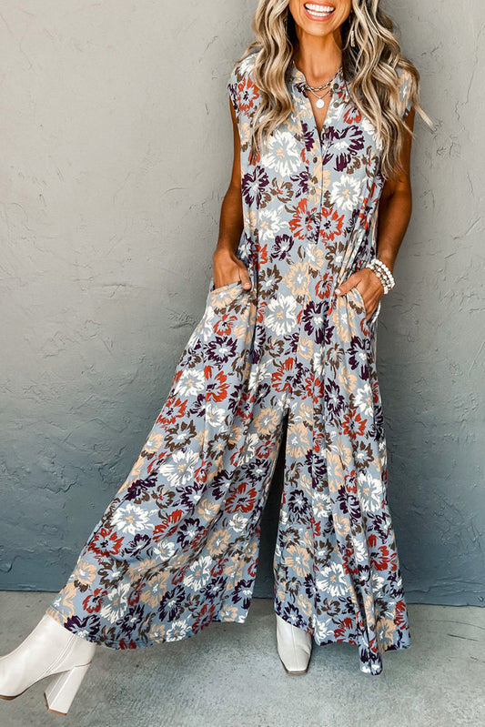Sky Blue Floral Sleeveless Buttoned Pocketed Wide Leg Jumpsuit-Chaelisa's New Jammies