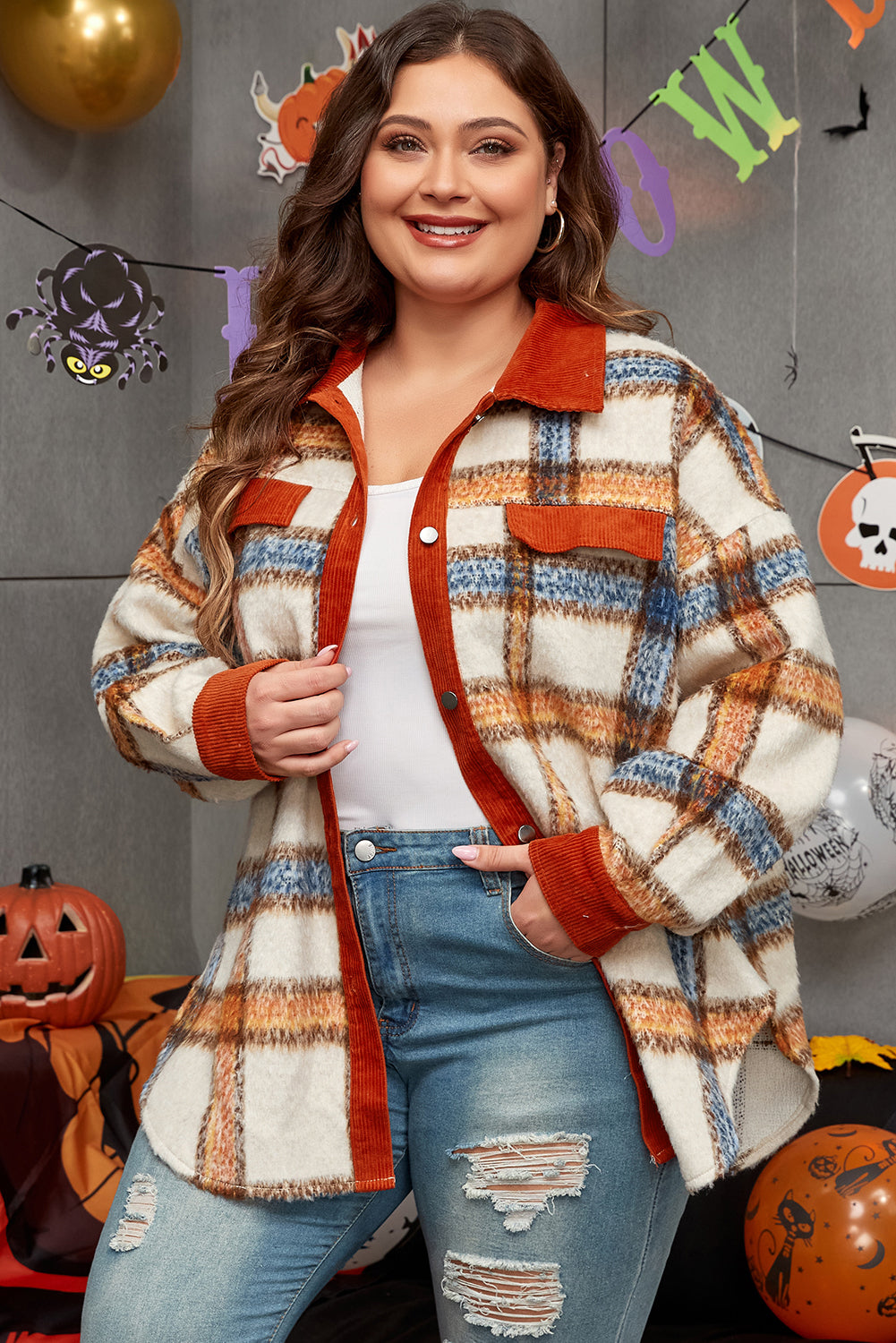 Brown Stripe Plus Size Plaid Print Collared Buttoned Jacket-Chaelisa's New Jammies