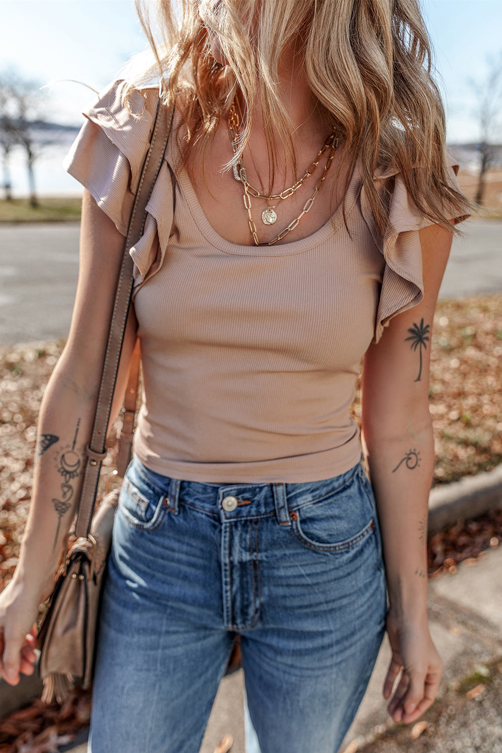 Smoke Gray Ribbed Knit Ruffled Shoulder Slim Fit Tank Top-Chaelisa's New Jammies