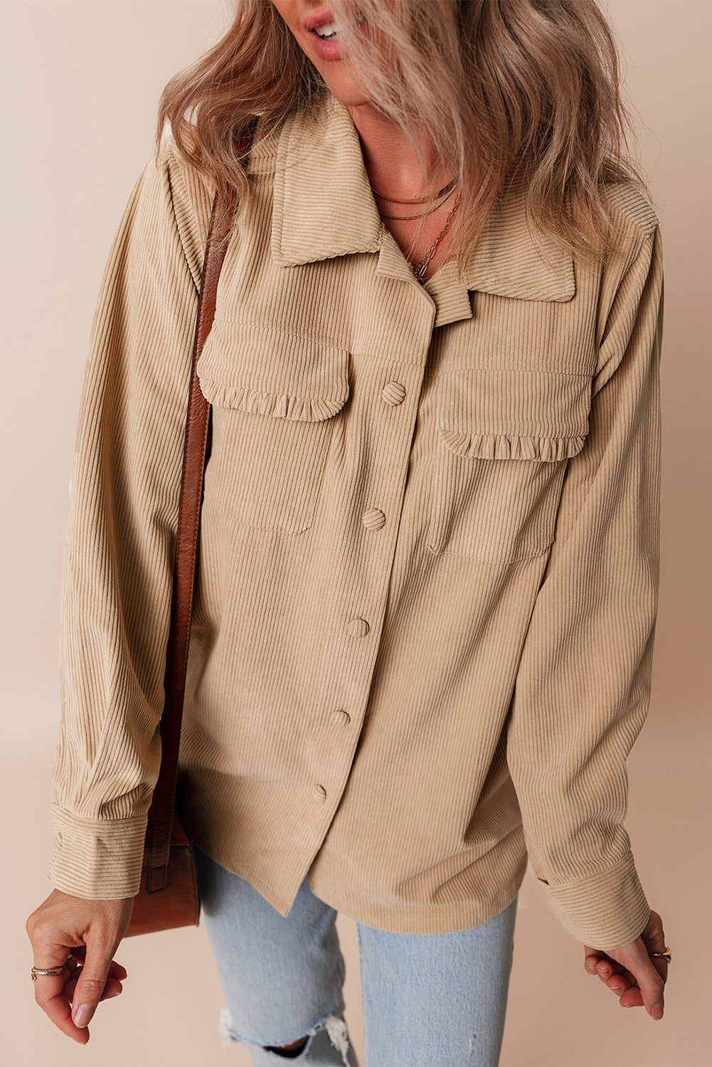 Light French Beige Solid Frilled Flap Pocket Button Up Corduroy Shacket-Chaelisa's New Jammies