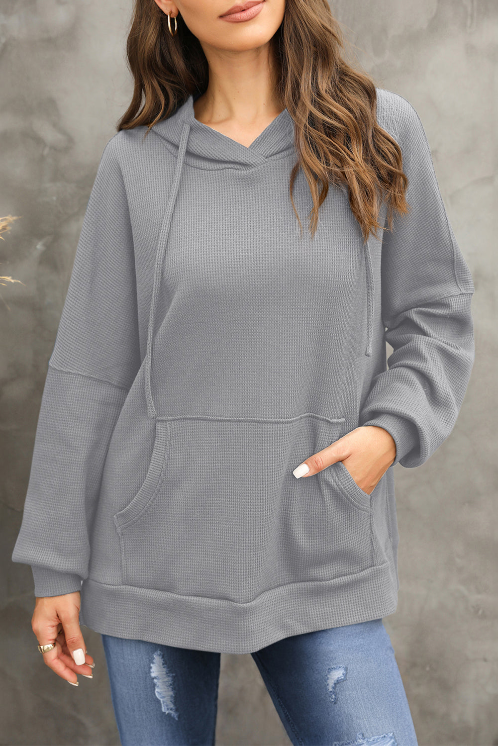 Gray Waffle Knit Fleece Lined High Low Oversized Hoodie-Chaelisa's New Jammies