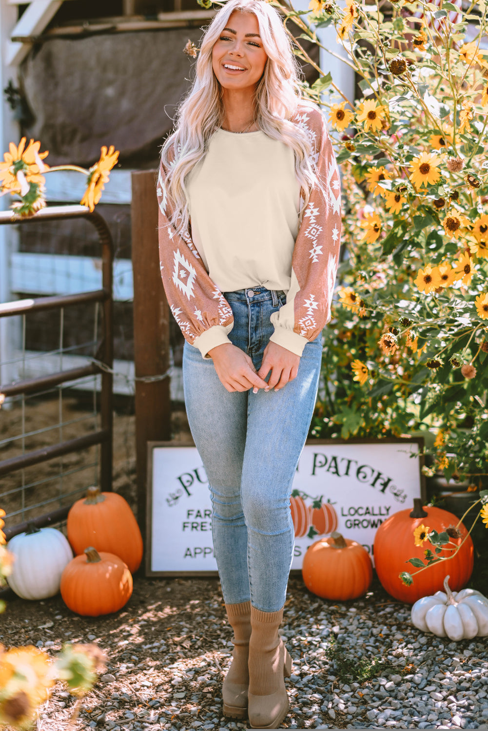 Apricot Western Print Patch Long Sleeve Top-Chaelisa's New Jammies