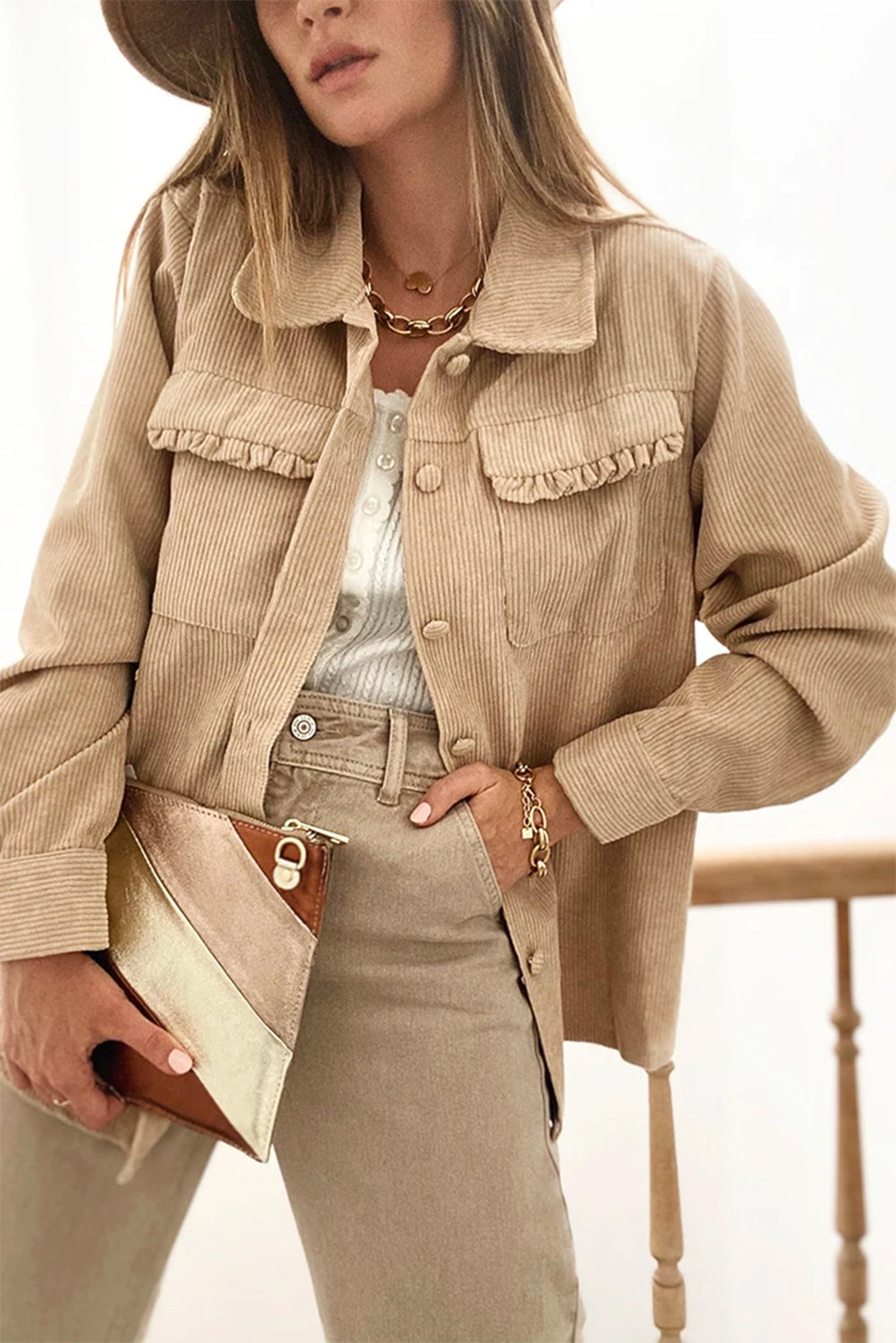 Light French Beige Solid Frilled Flap Pocket Button Up Corduroy Shacket-Chaelisa's New Jammies