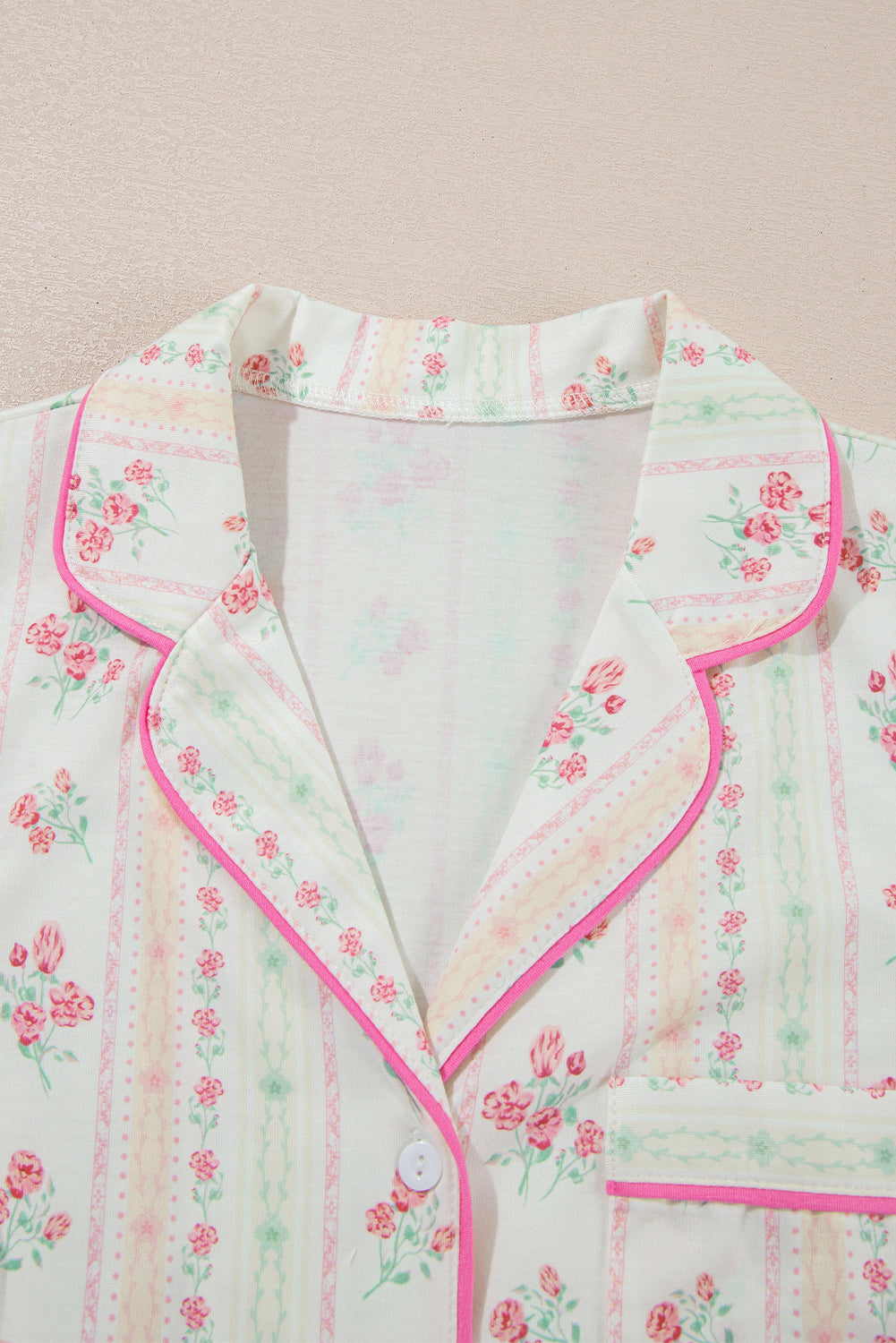 Beige Floral Print Contrast Pipping Short Pajamas Set-Chaelisa's New Jammies