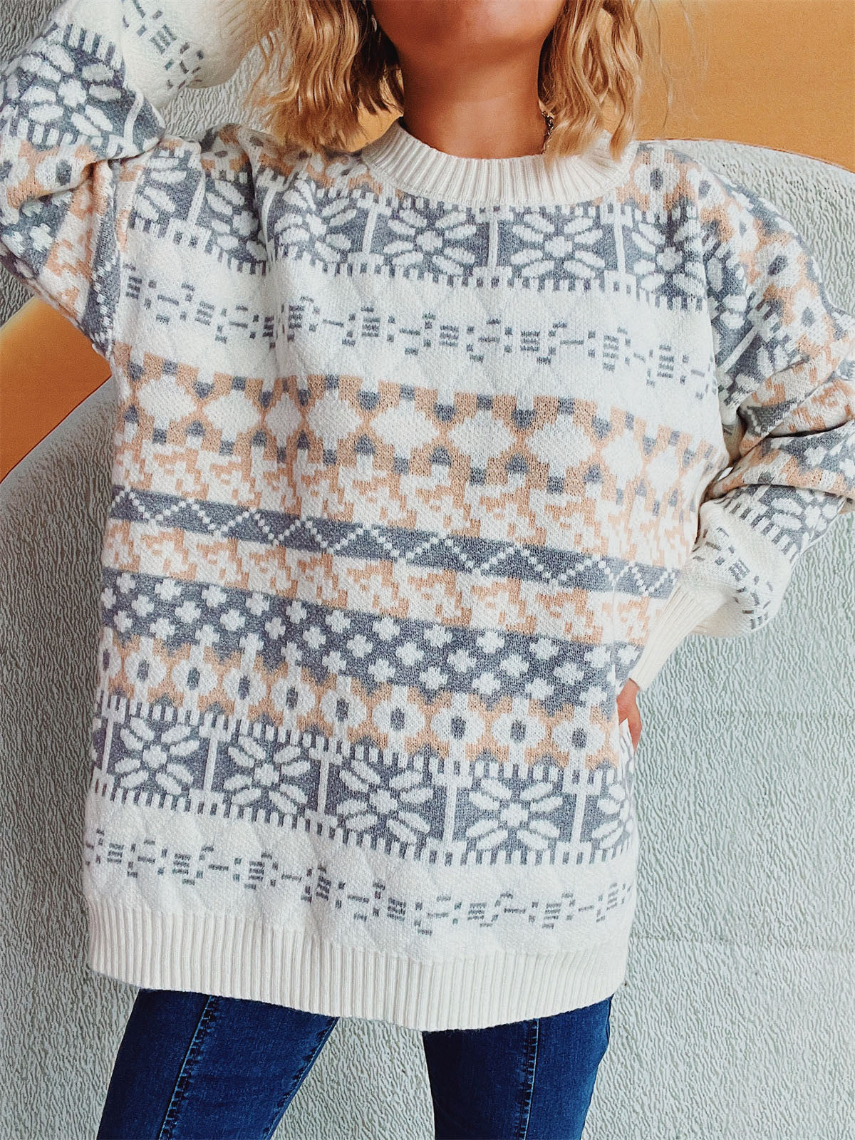 Geometric Round Neck Dropped Shoulder Sweater-Chaelisa's New Jammies