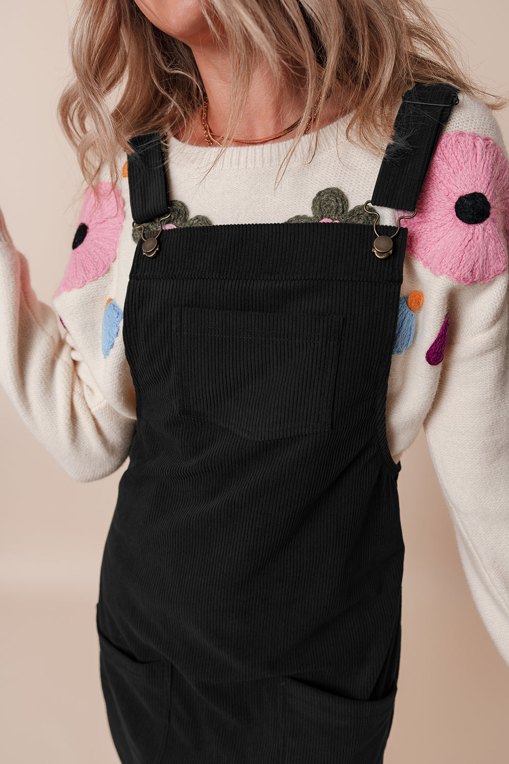 Black Solid Front Pockets Sleeveless Corduroy Overall Dress-Chaelisa's New Jammies