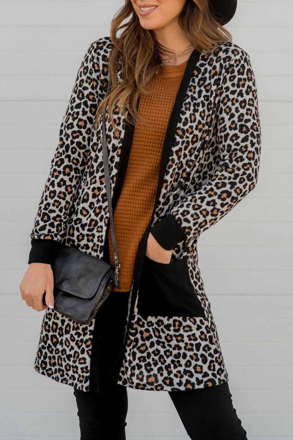 Black Leopard Patched Pocket Open Front Cardigan-Chaelisa's New Jammies