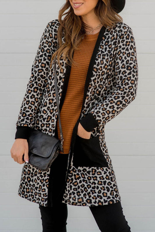 Black Leopard Patched Pocket Open Front Cardigan-Chaelisa's New Jammies