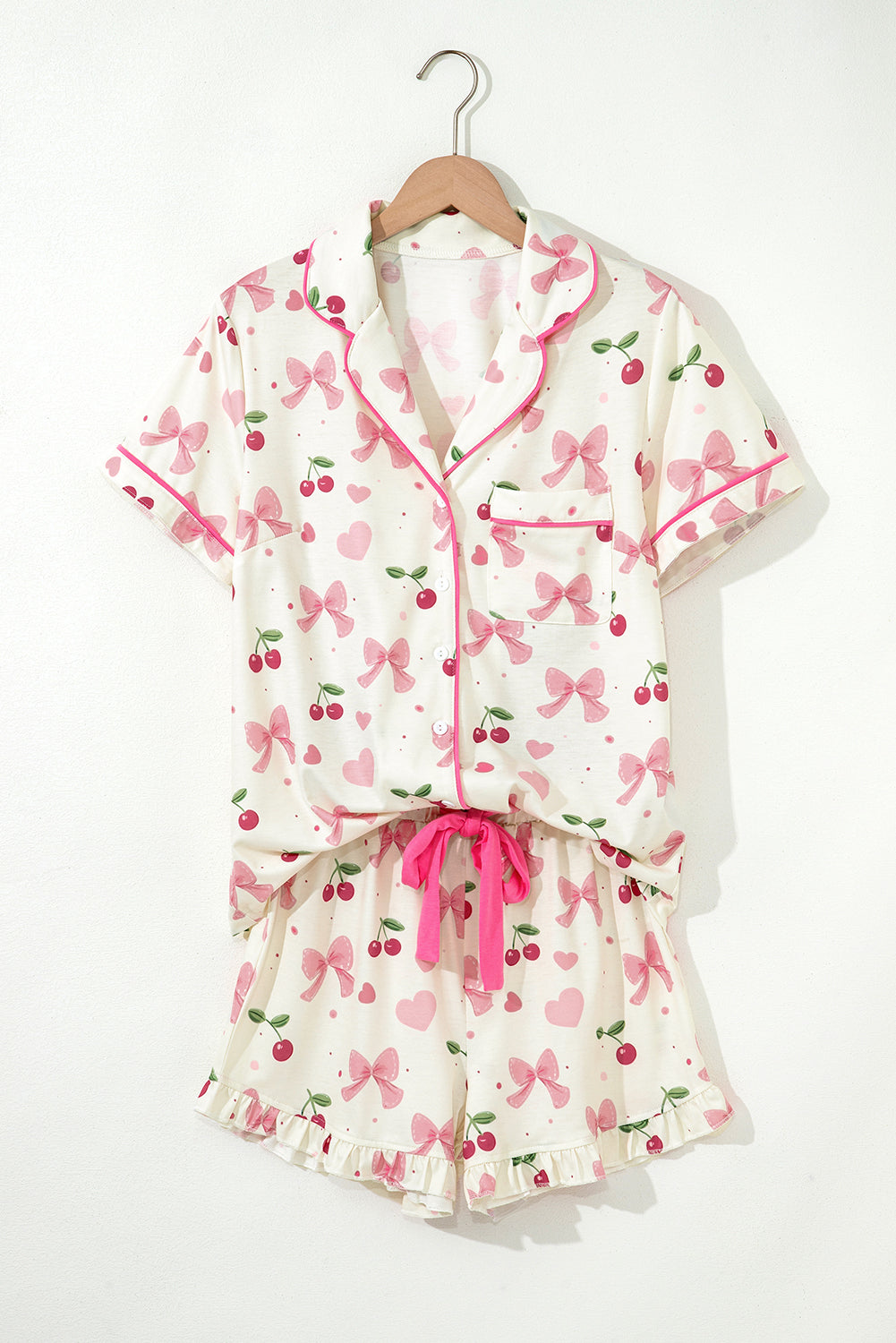 Beige Bow Fruit Print Contrast Pipping Short Pajamas Set-Chaelisa's New Jammies