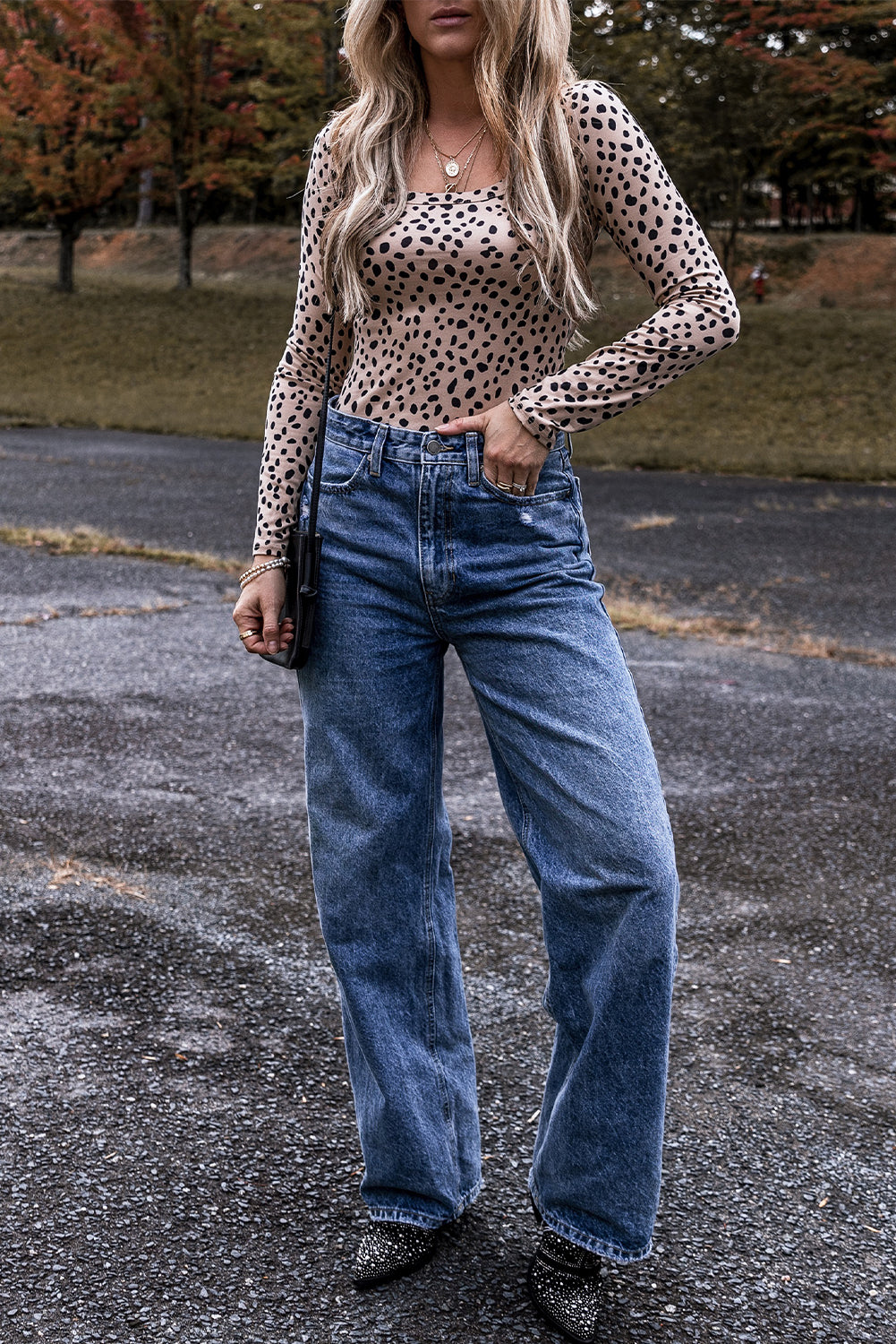 Smoke Gray Leopard Print Long Sleeve Scoop Neck Slim Fit Bodysuit-Chaelisa's New Jammies