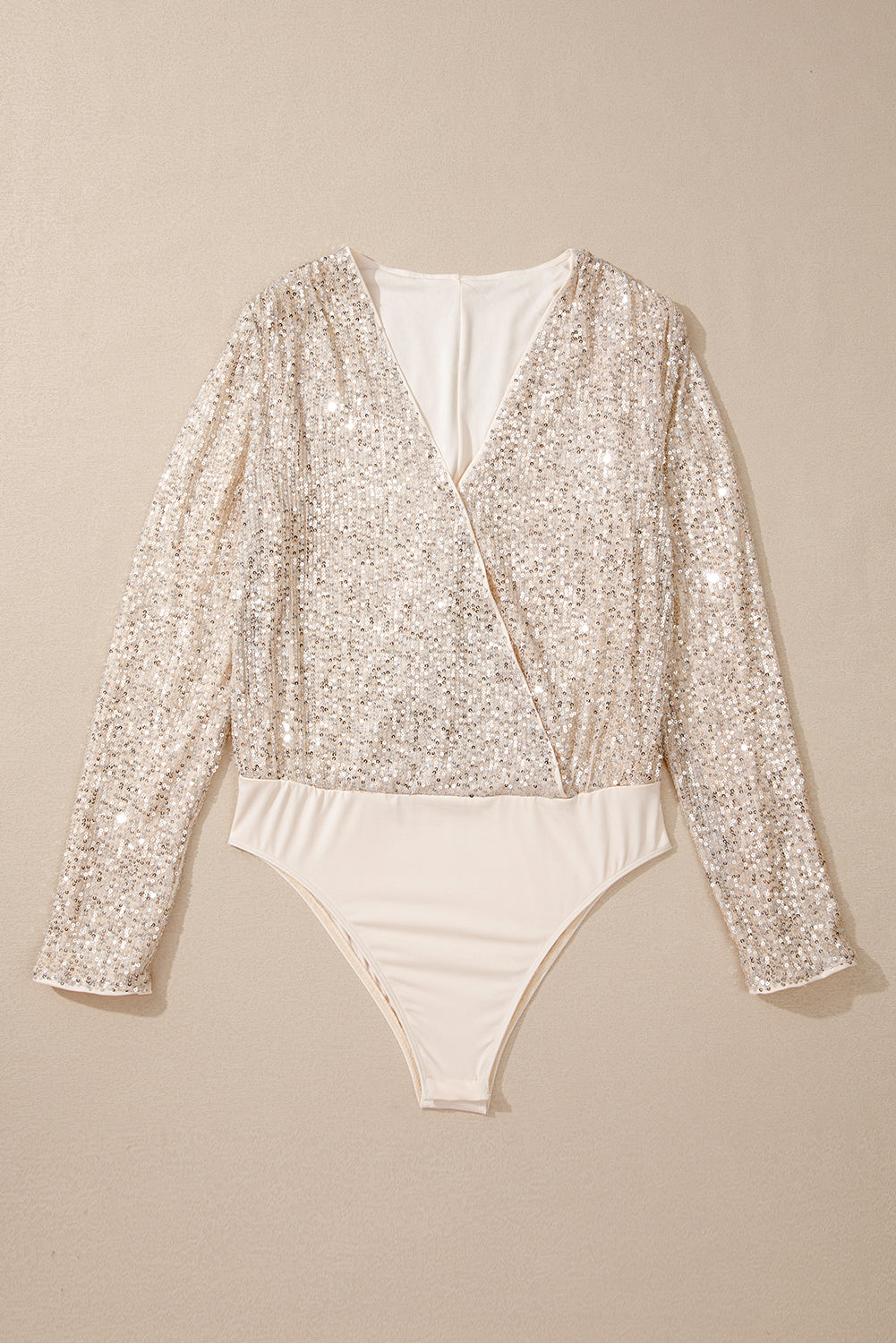 Beige Sequin Long Sleeve Wrap V Neck Bodysuit-Chaelisa's New Jammies