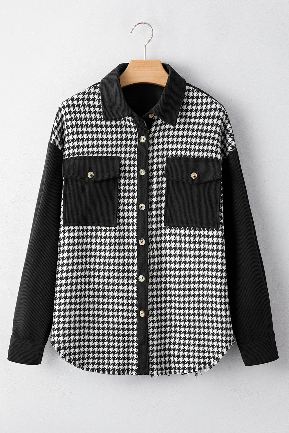 Black Houndstooth Corduroy Patchwork Flap Pocket Shacket-Chaelisa's New Jammies