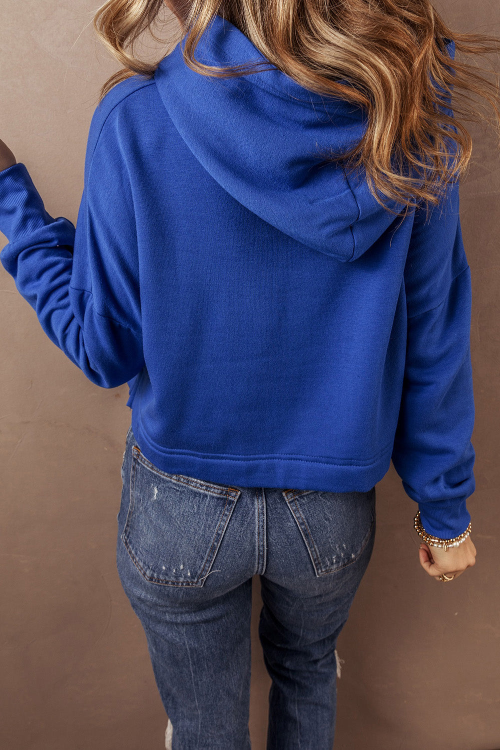 Dark Blue Solid Drop Shoulder Drawstring Cropped Hoodie-Chaelisa's New Jammies