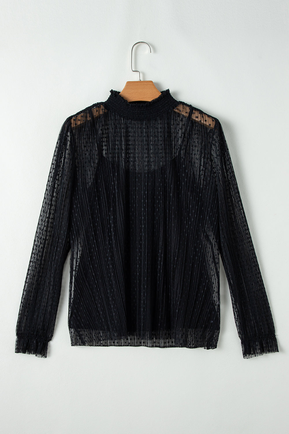 Black Dotty Lace Sheer Mock Neck Long Sleeve Blouse-Chaelisa's New Jammies