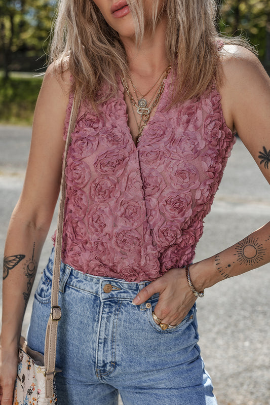 Heather Floral Textured V Neck Wrapped Sleeveless Bodysuit-Chaelisa's New Jammies