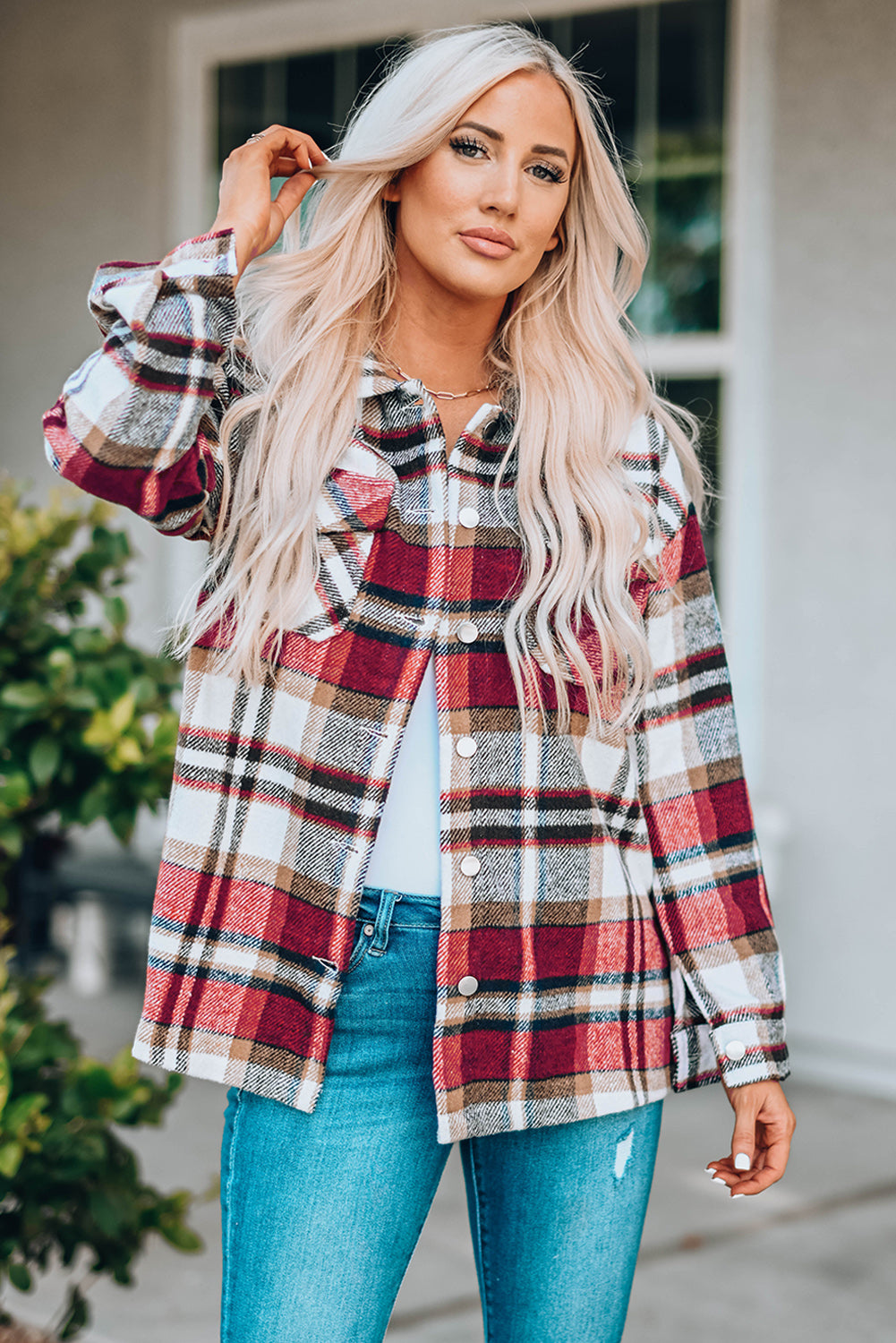Fiery Red Geometric Plaid Print Pocketed Shacket-Chaelisa's New Jammies