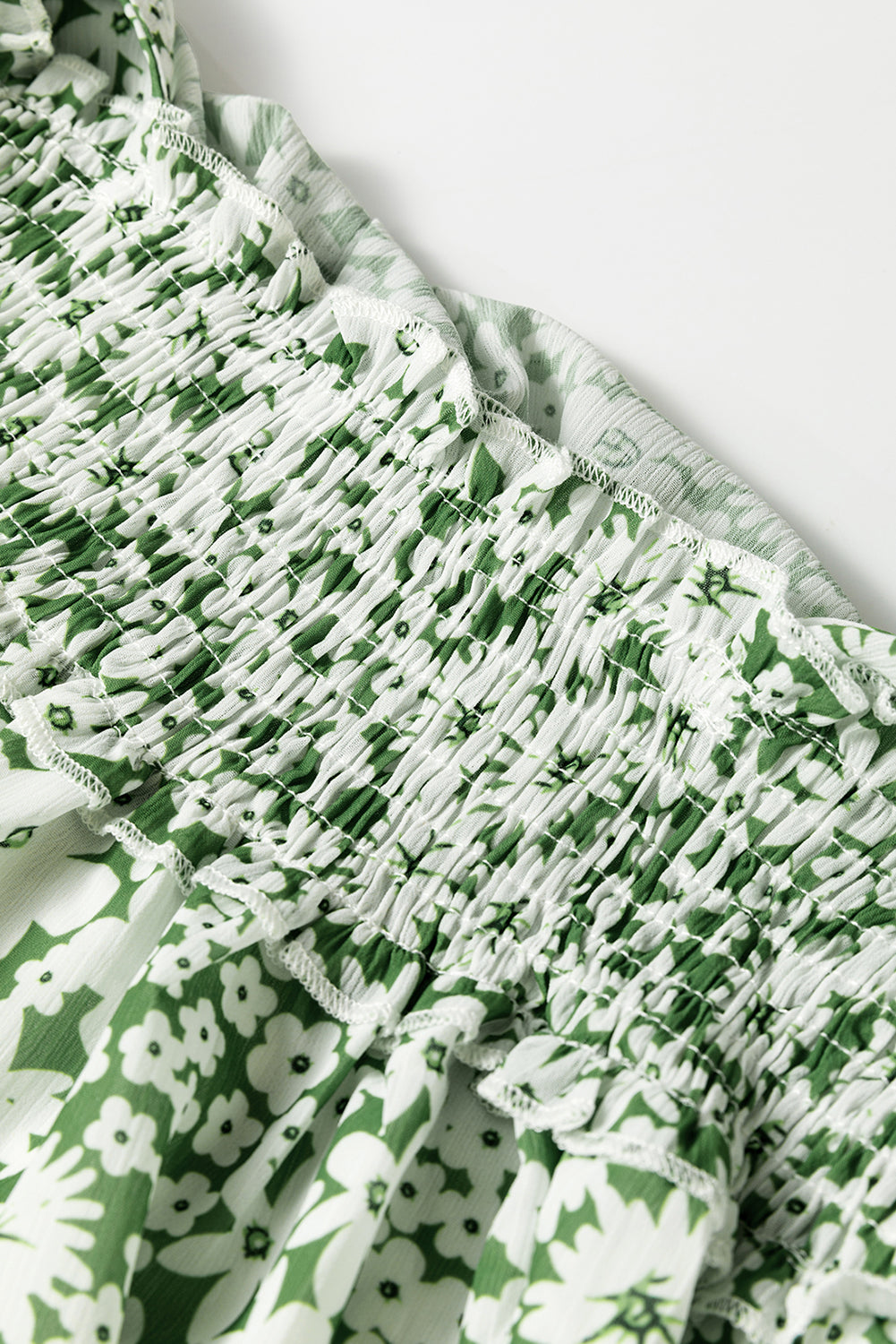 Green Floral Print Square Neck Shirred Waist Tiered Ruffled Mini Dress-Chaelisa's New Jammies