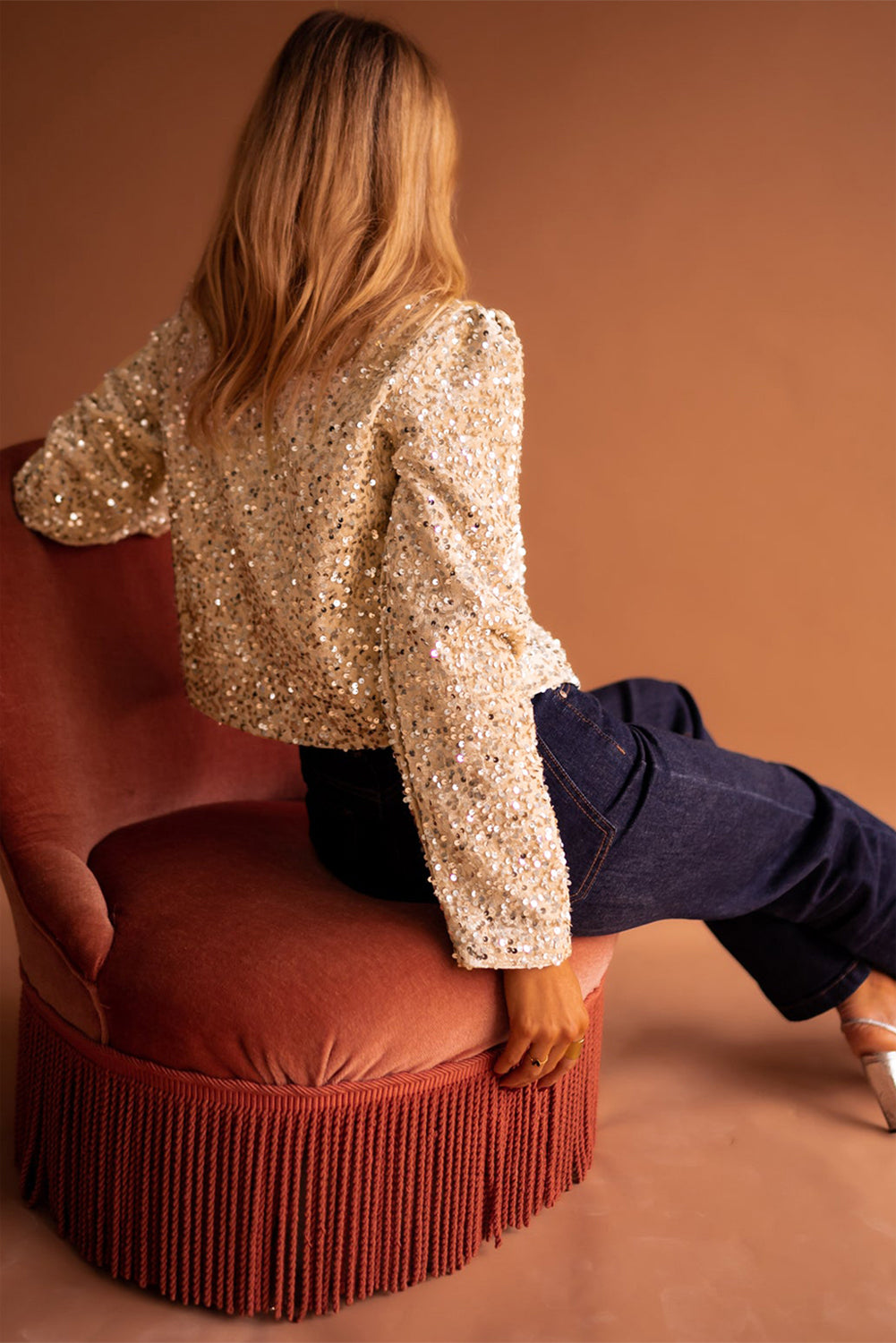 Golden Fleece Sequined Open Front Cropped Jacket-Chaelisa's New Jammies