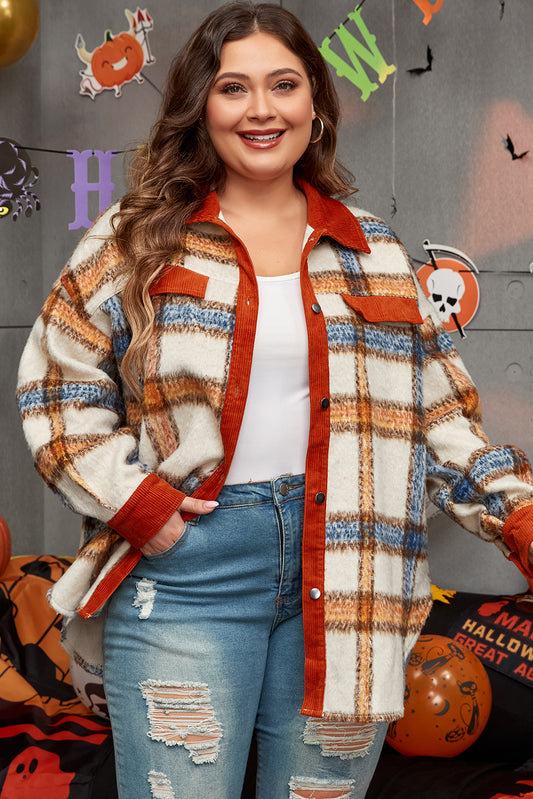 Brown Stripe Plus Size Plaid Print Collared Buttoned Jacket-Chaelisa's New Jammies