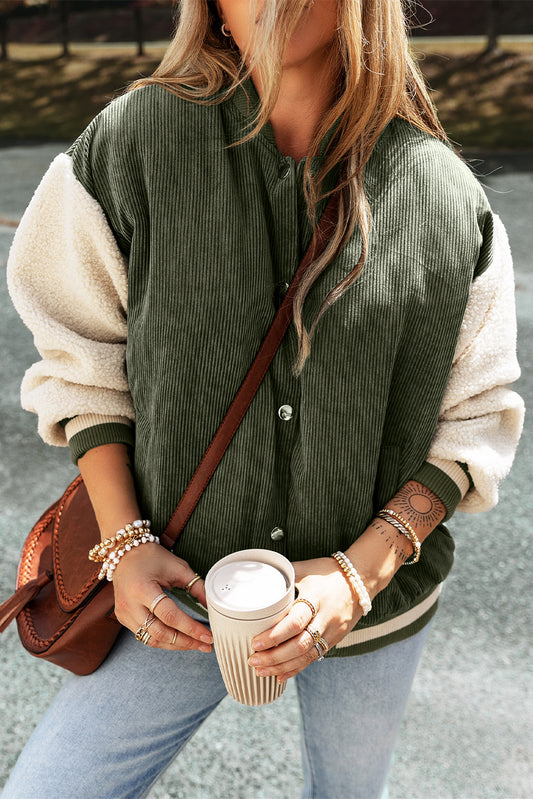 Mist Green Corduroy Fleece Patchwork Buttoned Bomber Jacket-Chaelisa's New Jammies