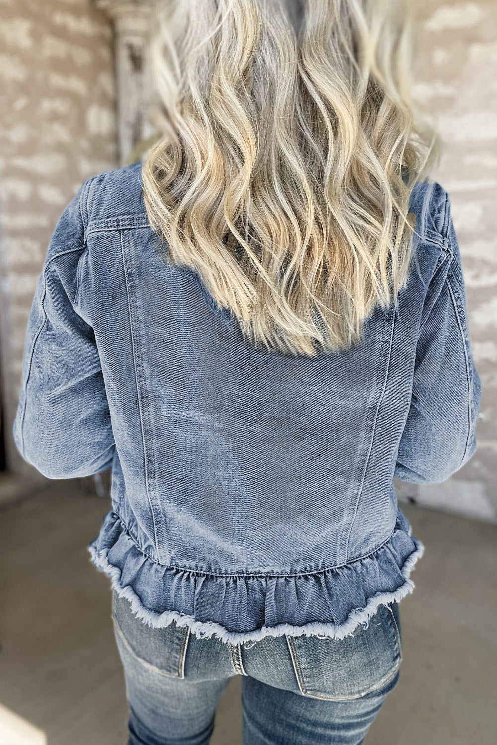 Beau Blue Ruffle Raw Hem Flap Pockets Denim Jacket-Chaelisa's New Jammies