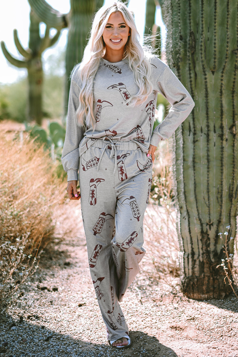 Gray Cowgirl Boots Printed Long Sleeve Top Pants Lounge Set-Chaelisa's New Jammies