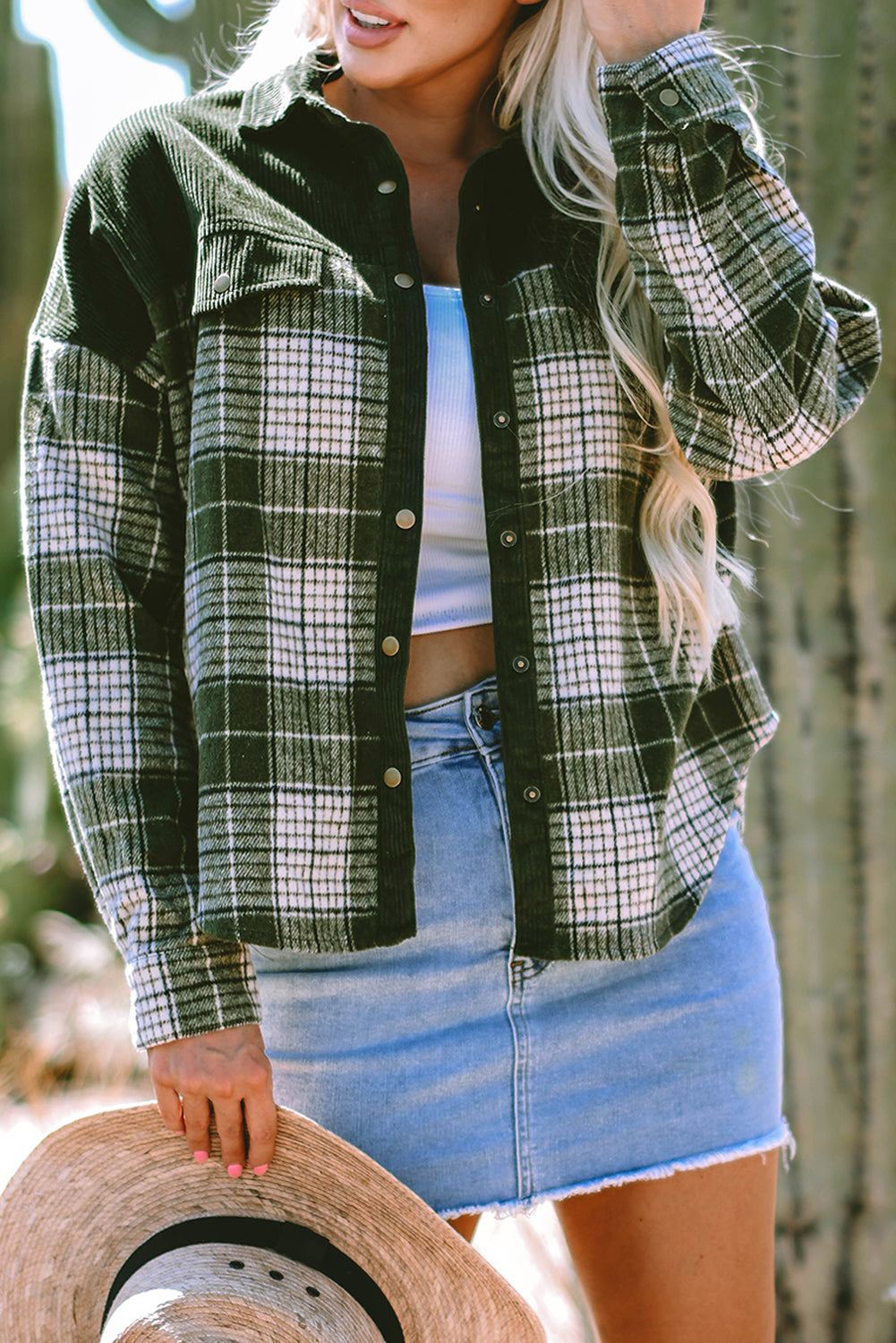Blackish Green Snap Buttons Colorblock Plaid Shacket-Chaelisa's New Jammies
