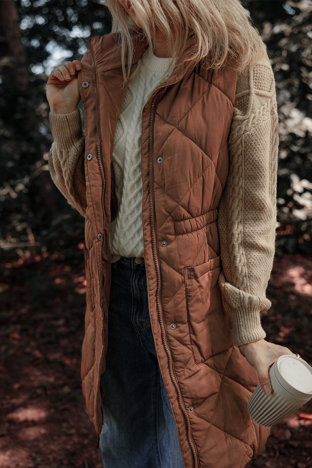 Coffee Longline Quilted Stand Collar Puffer Vest-Chaelisa's New Jammies