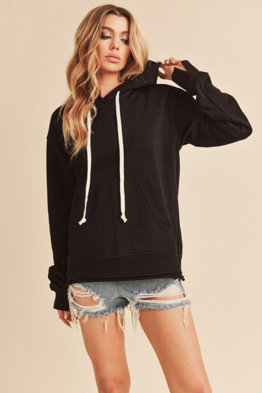 Aemi + Co Raw Hem Kangaroo Pocketed Drawstring Hoodie-Chaelisa's New Jammies