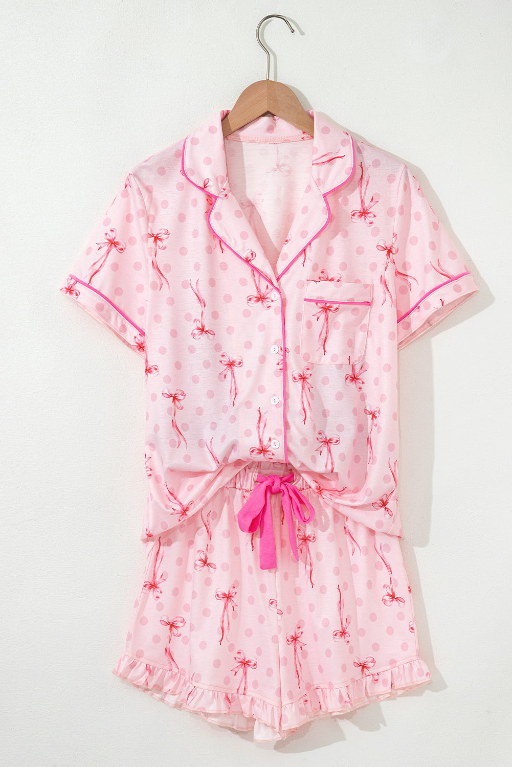 Pink Bow Print Contrast Pipping Short Pajamas Set-Chaelisa's New Jammies