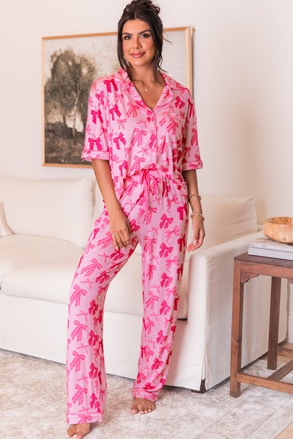 Pink Bow Knot Print Lapel Collar Short Sleeve and Pants Pajamas Set-Chaelisa's New Jammies