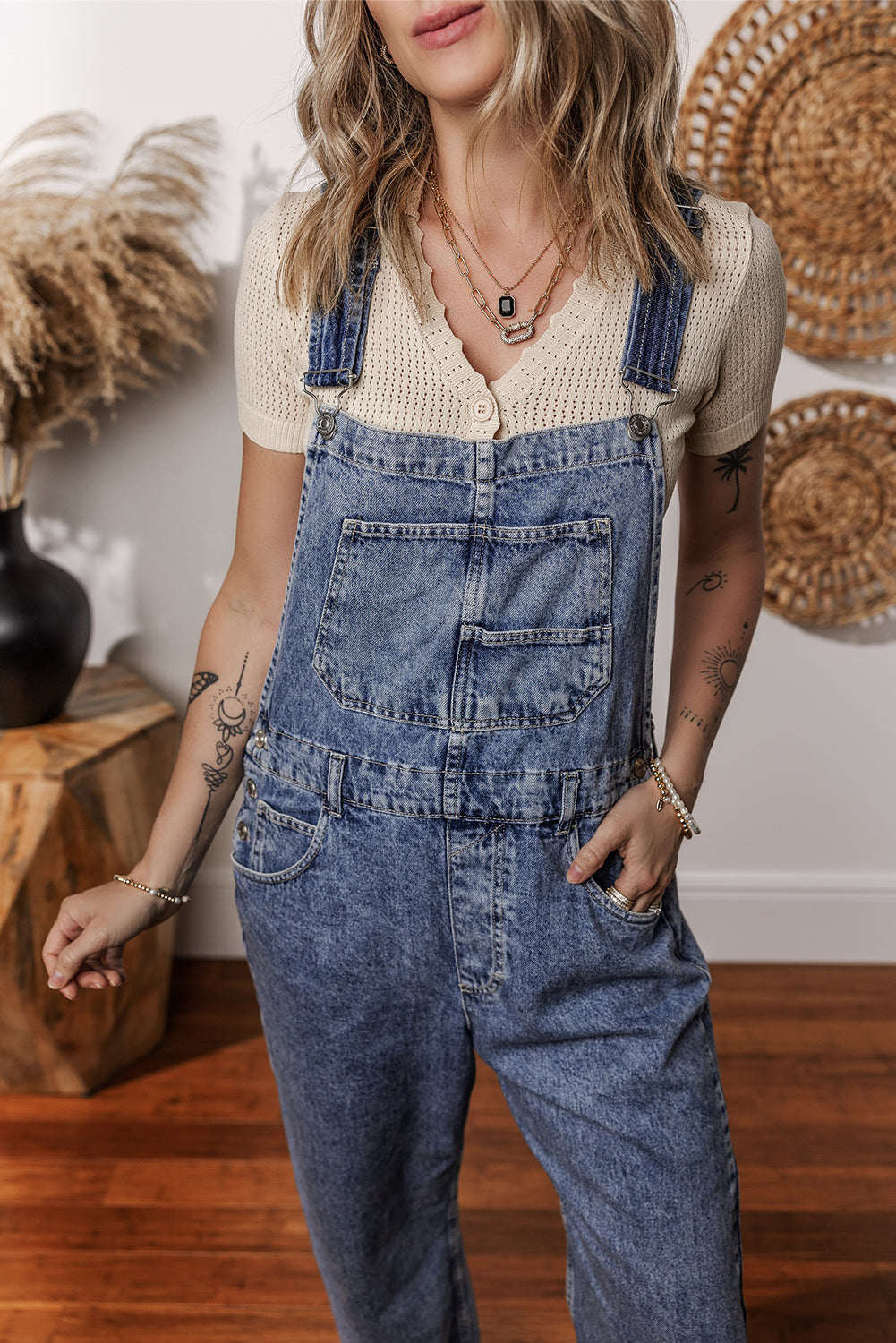 Sail Blue Denim Bib Straight Leg Jumpsuit with Pockets-Chaelisa's New Jammies