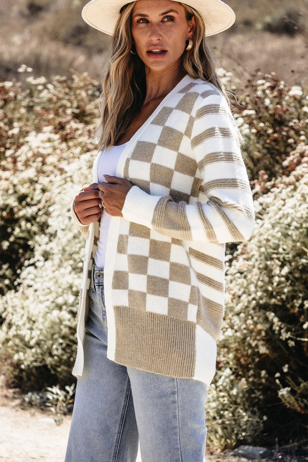 Smoke Gray Gingham Striped Knitted Open Front Cardigan-Chaelisa's New Jammies