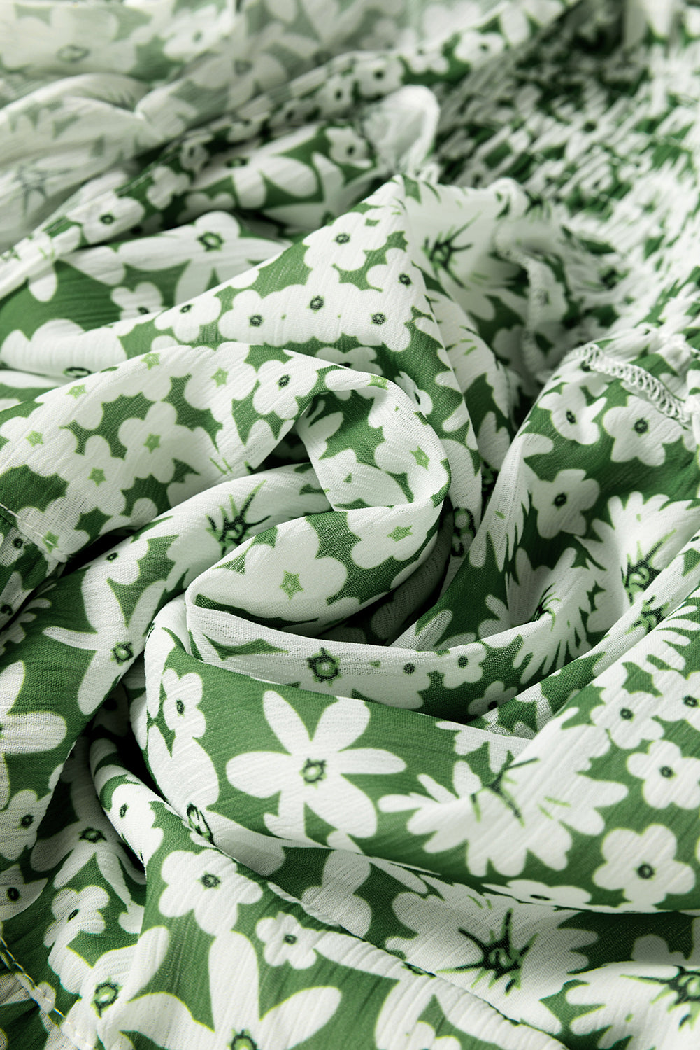 Green Floral Print Square Neck Shirred Waist Tiered Ruffled Mini Dress-Chaelisa's New Jammies