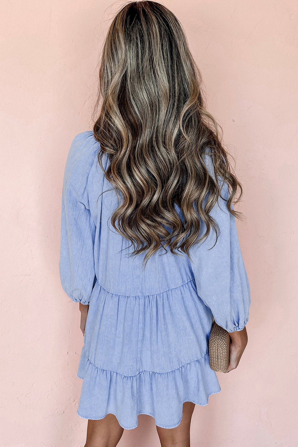 Beau Blue Puff Sleeve V Neck Tiered Ruffled Chambray Mini Dress-Chaelisa's New Jammies