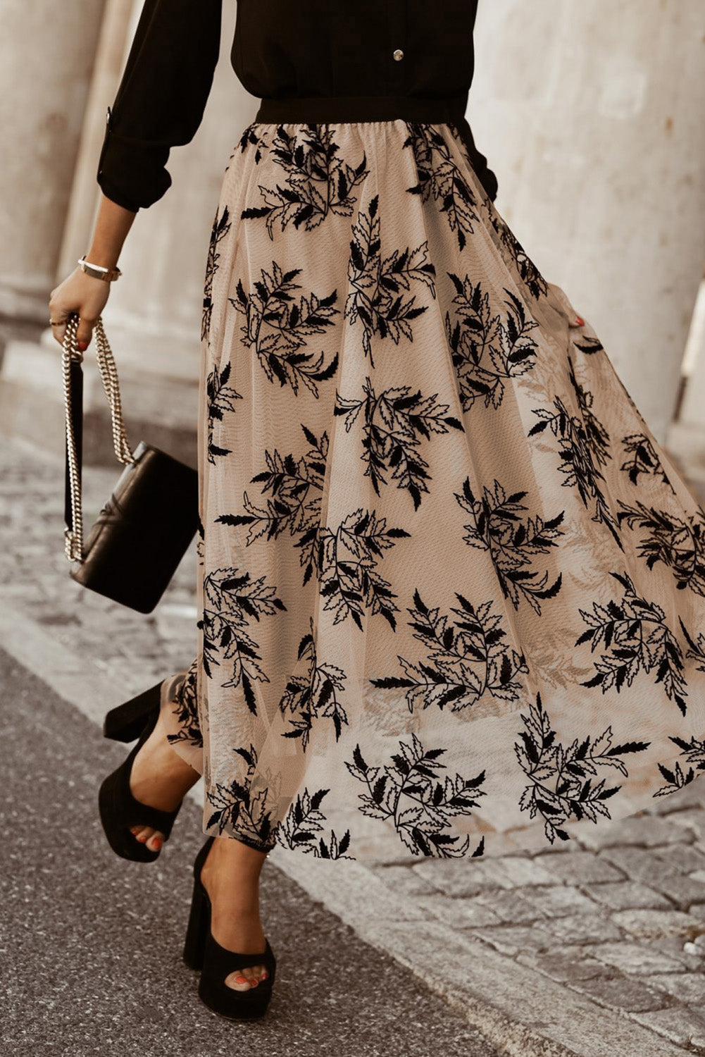 Apricot Floral Leaves Embroidered High Waist Maxi Skirt-Chaelisa's New Jammies
