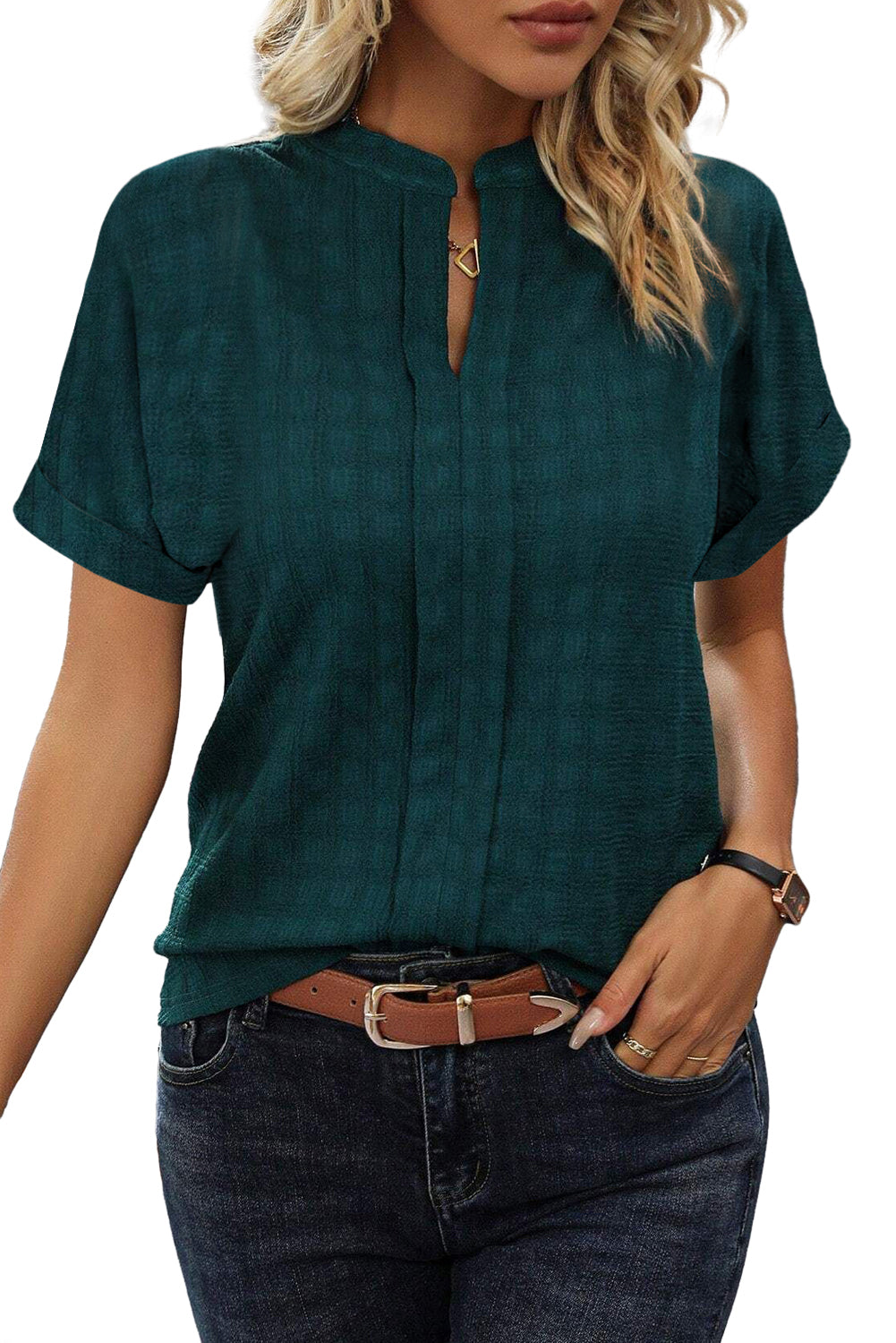 Sea Green Solid Textured Split Neck Short Sleeve Blouse-Chaelisa's New Jammies