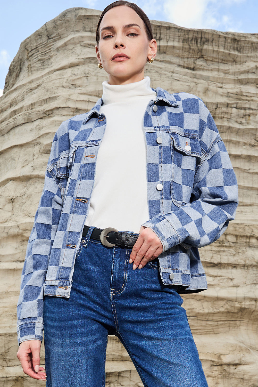 Light Blue Checkered Patchwork Button up Denim Jacket-Chaelisa's New Jammies