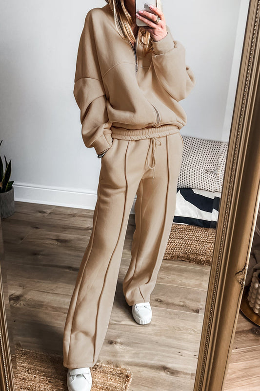 Apricot Solid Seamed Zipper Jacket and Drawstring Waist Pants Set-Chaelisa's New Jammies